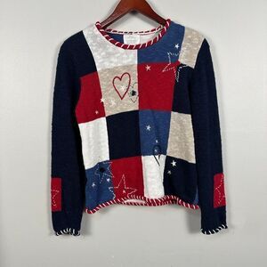Christopher & Banks Hand Embroidered Sweater Medium Red Blue Crewneck Patriotic